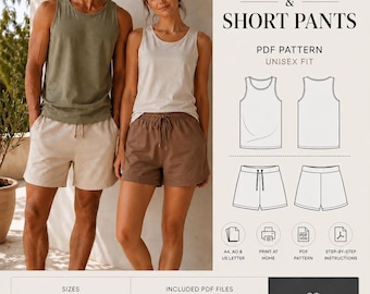 Patrón de costura en PDF para camiseta sin mangas y pantalones cortos, conjunto de ropa de estar por casa de verano, patrón unisex, ideal para principiantes, descarga digital.