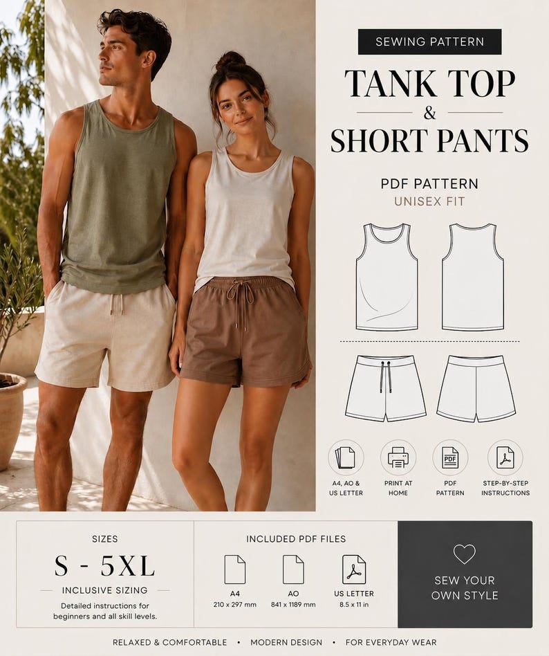 May include: A sewing pattern for a tank top and short pants, with sizes S-5XL. The PDF pattern is unisex and includes detailed instructions for beginners. The image shows a man and woman wearing the tank top and shorts. The pattern includes A4, AO, and US Letter sizes.