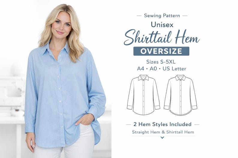 Oversized Shirt Pattern PDF, Unisex Button Up Sewing Pattern, Shirttail & Straight Hem, S-5XL Digital Download
