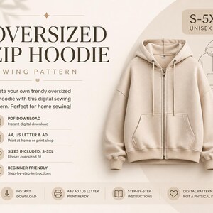 Oversized Hoodie Sewing Pattern PDF, Unisex Hoodie Pattern S-5XL, Zip Up Jacket, A4 US Letter A0, Digital Download