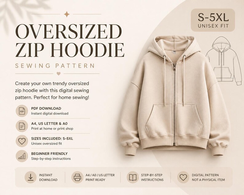 Oversized Hoodie Sewing Pattern PDF, Unisex Hoodie Pattern S-5XL, Zip Up Jacket, A4 US Letter A0, Digital Download