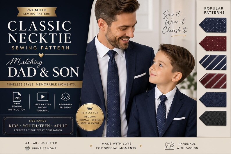 Necktie Sewing Pattern PDF | Classic Tie Pattern for Men, Kids & Adults | Dad Son Matching Wedding Groomsmen DIY