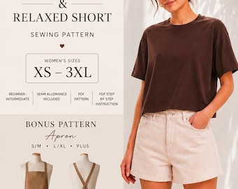 Boxy Tee Pattern pdf XS-3XL, Relaxed Shorts Sewing Pattern, Relaxed Tee, Bonus Apron Pattern Bundle