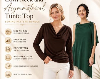 Cowl Neck and Asymmetrical Tunic Top Sewing Pattern Bundle | pdf Sewing Pattern | XS–5XL | A4, US Letter & A0