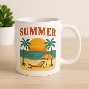 Summer Beach Sunset Mug - 11oz Retro Palm Tree Coffee Cup - Vacation Vibes Gift for Beach Lovers, Tropical Aesthetic Drinkware