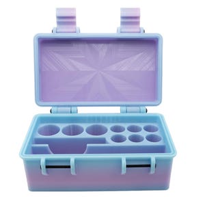 May include: Open, two-tone, plastic storage case in shades of blue and purple. The case is open, revealing various compartments and circular holders. The lid is open, and the case is set against a white background.