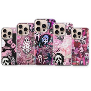 May include: A collection of phone cases with a spooky theme. The cases feature a variety of pink and black designs with images of ghosts, skulls, and the text "Spooky". The cases are designed to fit a smartphone.