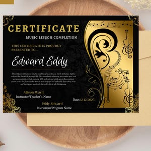 Editable Music Certificate Template - Recognize Student Accomplishments - Quick Digital Download