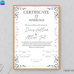 Plantilla imprimible de certificado de matrimonio, certificado de boda minimalista moderno, premio de matrimonio de descarga instantánea, regalo de boda elegante