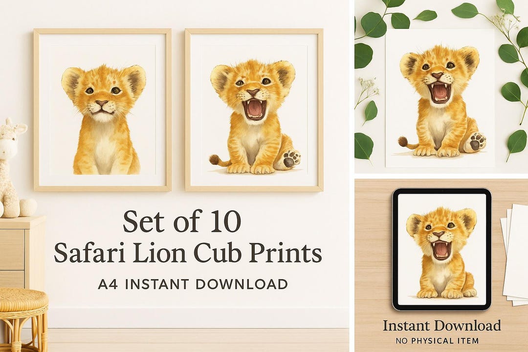 10 Lion Cub Wall Art Prints – A4 Printable PDF Downloads – Safari Baby ...