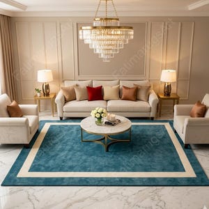 Hand Tufted Wool Area Rug, Teal Blue Cream Bordered Carpet