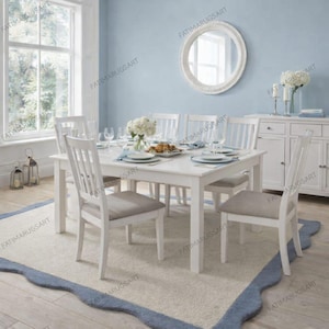 Handgetuft wollen vloerkleed lichtbeige/blauwe geschulpte rand voor slaapkamer | Woonkamer | Gastenkamer | Woondecoratie Tapijtlus/snijding