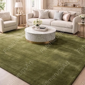Hand Tufted Wool Area Rug Solid Olive Green For Bedroom | Living Room | Guestroom | Home Decor Carpet