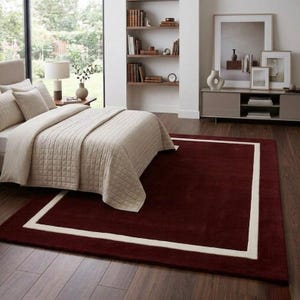 Hand Tufted Wool Area Rug, Deep Burgundy Ivory Border, Modern Home Decor Carpet
