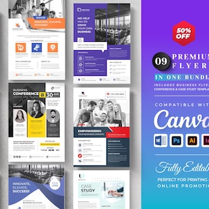 May include: A bundle of nine premium flyers for business, conference, and case study templates. The flyers are fully editable and compatible with Canva, and are perfect for printing or online promotion. Includes a 50% off promotion.