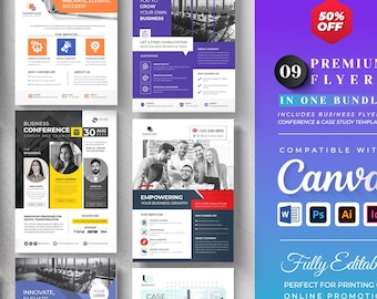 Canva Business Flyer Vorlagen Bundle | Unternehmen Flyer | Konferenz | Fallstudie | Sofortdownload | Vollständig bearbeitbar | 09 Vorlagen