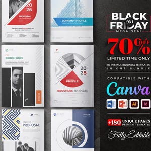 May include: A promotional image showcasing a bundle of business templates. The templates include brochures, proposals, and annual reports. The image features a Black Friday mega deal with 70% off, compatible with Canva, and includes over 180 unique pages.