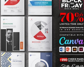 Canva Editable Brochure Templates Bundle | Company Profile, Proposal & Annual Report | Word, PowerPoint, InDesign | 180+ Unique Pages