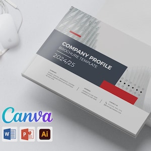 Può includere: Un modello di brochure bianco con il testo "COMPANY PROFILE BROCHURE TEMPLATE 2024/25" in un design grigio scuro e rosso. L'opuscolo ha un design minimalista con un'estetica moderna. L'immagine include anche un mouse bianco, auricolari e icone di Canva.