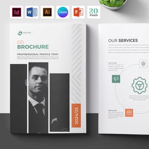 Könnte beinhalten: Eine Broschürenvorlage mit professionellem Profilthema. Das Cover zeigt ein Graustufenporträt eines Mannes und den Text "CO BROCHURE". Die offenen Seiten zeigen "OUR SERVICES" und "PROCESS" mit Symbolen und Text. Das Canva-Logo ist sichtbar.