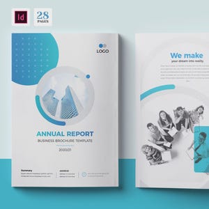 Könnte beinhalten: Eine Business-Broschürenvorlage mit weißem und blauem Design. Auf dem Cover steht "JAHRESBERICHT" und "BUSINESS BROSCHÜRENVORLAGE 2020/21". Im Inneren der Broschüre befinden sich Bilder von Personen und der Text "We make your dream into reality".