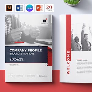 May include: A brochure template for a company profile, featuring a red, white, and navy blue design. The cover shows a grayscale image of hands putting together a puzzle. The open brochure displays a welcome message and a table of contents.