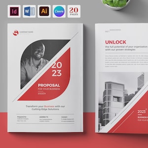 Könnte beinhalten: Eine Geschäftsvorlagenvorlage mit weißem und rotem Design. Das Cover zeigt ein Foto einer Person, das Jahr 2023 und den Text "Vorschlag für Ihr Unternehmen". Die offenen Seiten zeigen den Text "Entfalten Sie das volle Potenzial Ihrer Organisation."