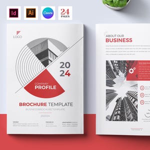 Op de afbeelding: Een brochuresjabloon met een witte en rode omslag, met de tekst "Company Profile" en het jaar "2024". De open pagina's tonen zakelijke inhoud met rode accenten en architecturale beelden. Het Canva-logo is zichtbaar.