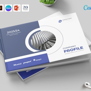 May include: A stack of company profile brochures with a blue and white design. The cover features the text "2023/24" and "Company Profile". The Canva A5 paper size is indicated. The brochures are on a grey surface.