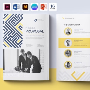 Könnte beinhalten: Eine Projektvorlage mit weißem und gelbem Design. Das Cover zeigt den Text "Project Proposal" und ein geometrisches Muster. Innenseiten zeigen Fotos von Teammitgliedern und Service-Icons. Das Canva-Logo ist sichtbar.