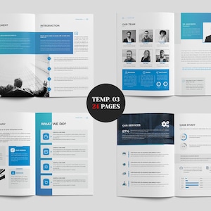 May include: A brochure template with a contemporary design. The layout incorporates blue and teal accents, with sections for an introduction, team photos, and case studies. The text "TEMP. 03 24 PAGES" is displayed in a black circle.