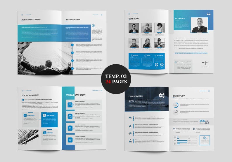 May include: A brochure template with a contemporary design. The layout incorporates blue and teal accents, with sections for an introduction, team photos, and case studies. The text "TEMP. 03 24 PAGES" is displayed in a black circle.