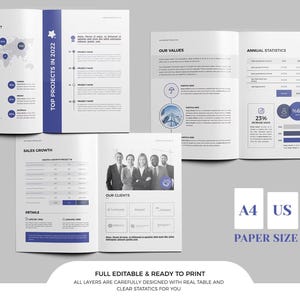 May include: A brochure with a white background and blue accents. The brochure includes charts, graphs, and text. The text includes "Where We Work", "Top Projects in 2022", "Our Values", "Annual Statistics", and "Sales Growth". The brochure is A4 and US paper size.