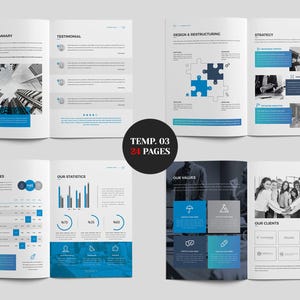 May include: A brochure spread with a white background and blue accents. The brochure includes text, charts, and images. The cover has the text "TEMP. 03 24 PAGES" in a black circle. The brochure is designed for business or marketing purposes.