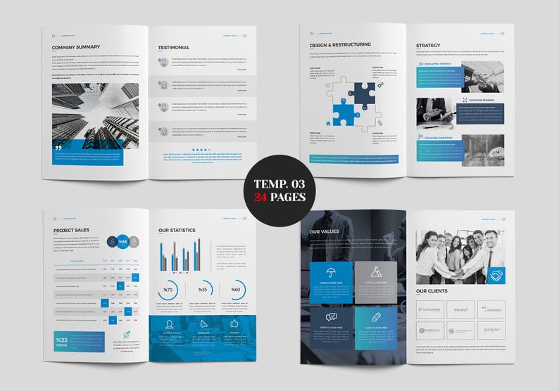 May include: A brochure spread with a white background and blue accents. The brochure includes text, charts, and images. The cover has the text "TEMP. 03 24 PAGES" in a black circle. The brochure is designed for business or marketing purposes.