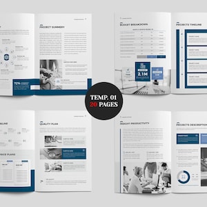 May include: A brochure template with a modern design, featuring white pages with blue accents. The brochure includes sections for project summaries, budget breakdowns, and timelines. The pages contain text, charts, and images. The template is labelled "TEMP. 01" and has "20 PAGES".