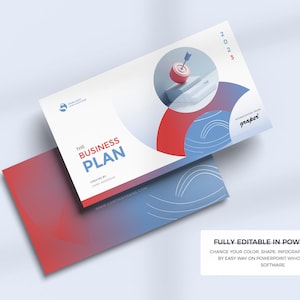 Puede incluir: Dos plantillas de plan de negocios con una combinación de colores blanco, rojo y azul. La plantilla superior presenta un gráfico de diana y el texto "2023". La plantilla inferior es roja y azul. El texto "The Business Plan" es visible.