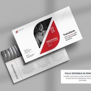 May include: A business proposal template with a red and white design. The cover features a photo of a smiling person, the text "PROPOSAL FOR YOUR BUSINESS 2023/24", and the words "Transform your Business with our Cutting-Edge Solutions."