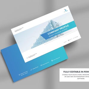 Könnte beinhalten: Eine PowerPoint-Präsentationsvorlage mit modernem Design. Das Cover zeigt ein blau-weißes Farbschema mit dem Text "COMPANY PROFILE" und "Modern Template 26/2025". Das untere Blatt ist einfarbig blau. Der Text "FULLY EDITABLE IN POWERPOINT" ist ebenfalls sichtbar.