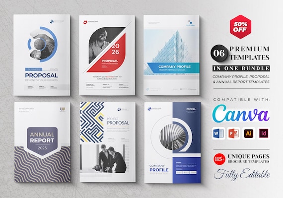 Business Brochure Template Bundle (Canva, PowerPoint, Word, InDesign) | Company Profile, Proposal, Annual Report  | 115 Pages Fully Editable