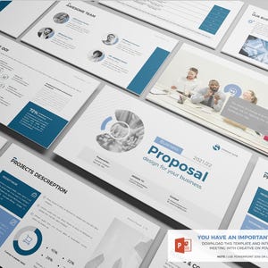 May include: A series of white and blue business proposal presentation slides. The slides feature charts, graphs, and text, with the title "Proposal design for your business." The image also includes a team of people.