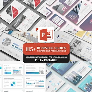 May include: A selection of business PowerPoint presentation templates. The image displays various slide layouts with text and graphics. The text on the image says "115+ Business Slides PowerPoint Presentations" and "Fully Editable". The slides are in shades of blue, white, and red.