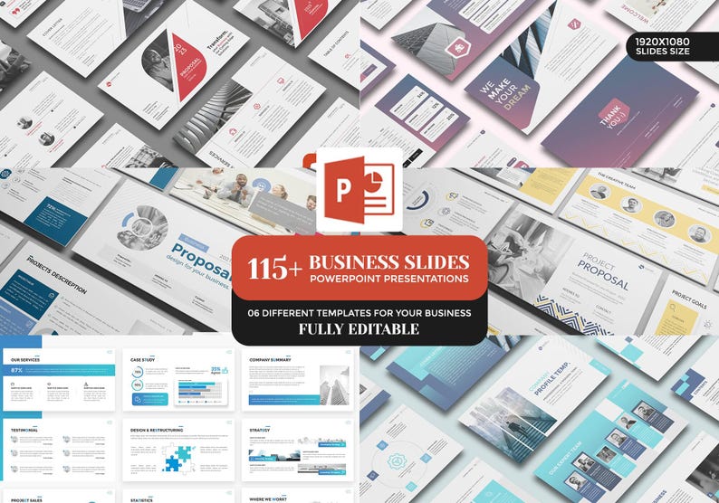 May include: A selection of business PowerPoint presentation templates. The image displays various slide layouts with text and graphics. The text on the image says "115+ Business Slides PowerPoint Presentations" and "Fully Editable". The slides are in shades of blue, white, and red.