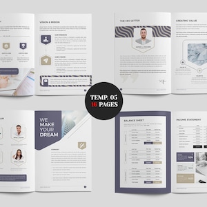 May include: A brochure spread with a white background and dark blue and beige accents. The brochure includes sections titled "Our Company," "Vision & Mission," "The CEO Letter," and "Creating Value." The text "TEMP. 05" and "16 PAGES" are in a black circle.