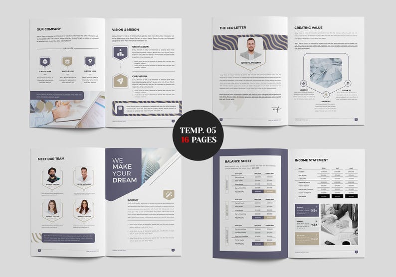 May include: A brochure spread with a white background and dark blue and beige accents. The brochure includes sections titled "Our Company," "Vision & Mission," "The CEO Letter," and "Creating Value." The text "TEMP. 05" and "16 PAGES" are in a black circle.