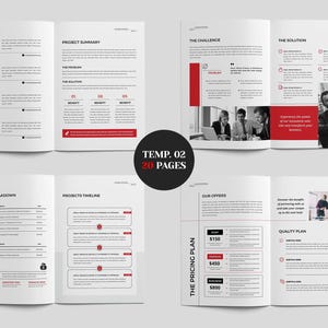 May include: A brochure template with a white background and red accents. The brochure includes sections for project summaries, challenges, solutions, budget breakdowns, timelines, and pricing plans. The text "TEMP. 02 20 PAGES" is displayed in a black circle.