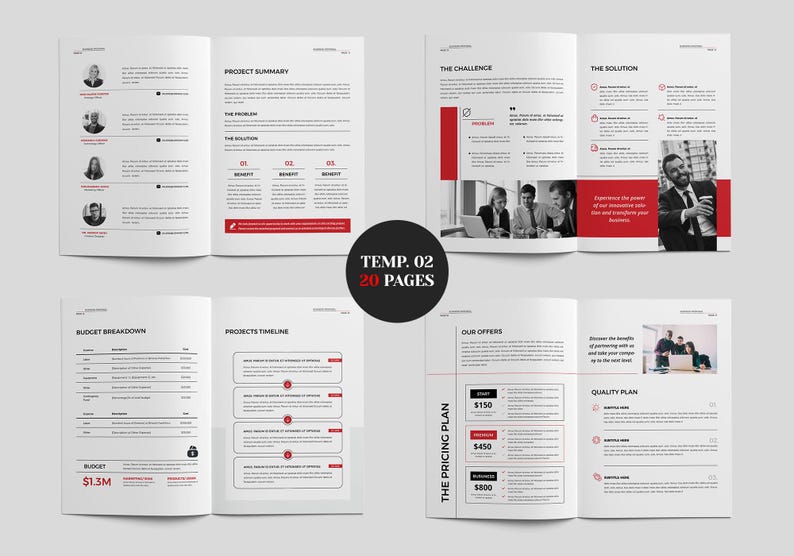 May include: A brochure template with a white background and red accents. The brochure includes sections for project summaries, challenges, solutions, budget breakdowns, timelines, and pricing plans. The text "TEMP. 02 20 PAGES" is displayed in a black circle.