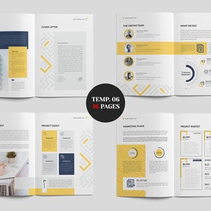May include: A brochure template with a modern design. The pages feature a white background with yellow and navy blue accents. The brochure includes sections for "About Us," "Cover Letter," "The Creative Team," and "Project Details." The text "TEMP. 06 16 PAGES" is in the centre.