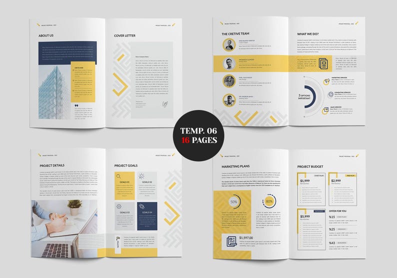 May include: A brochure template with a modern design. The pages feature a white background with yellow and navy blue accents. The brochure includes sections for "About Us," "Cover Letter," "The Creative Team," and "Project Details." The text "TEMP. 06 16 PAGES" is in the centre.