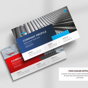 以下が含まれることがあります： 「COMPANY PROFILE BROCHURE TEMPLATE 2022/23」のテキストが入った2つのパンフレットテンプレート。1つのパンフレットは青と白、もう1つは赤と白です。「TWO COLOR OPTIONS」のテキストも表示されています。